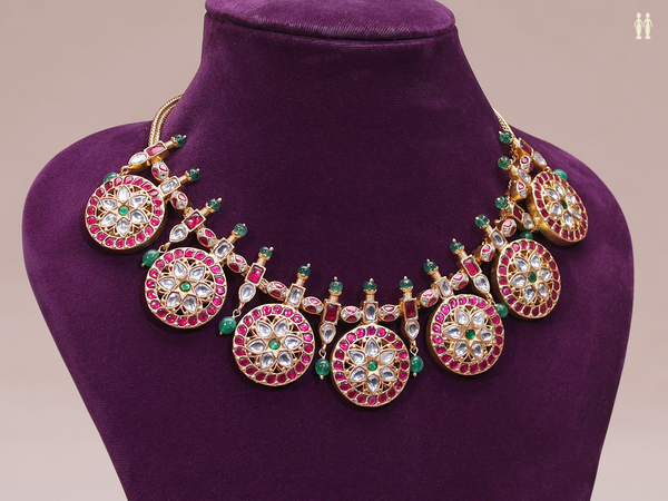 Chakram Design With Tri Color Stone Pure Silver Necklace