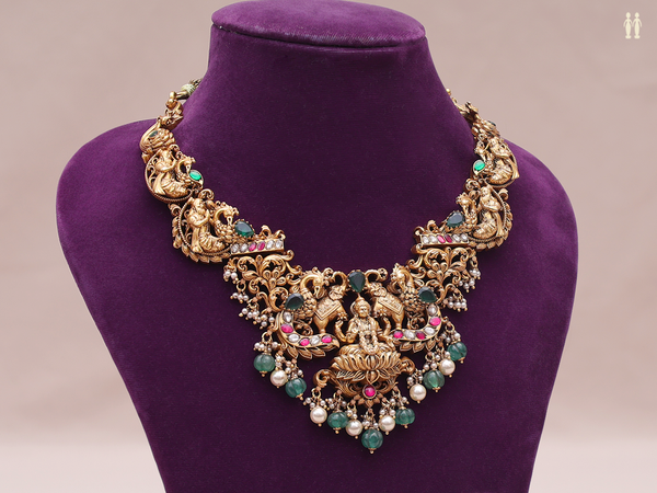 Antique Design With Beads Gold Plated Pure Silver Necklace