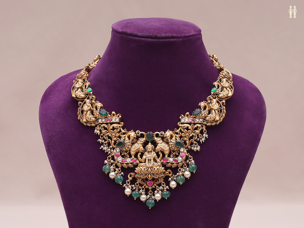Antique Design With Beads Gold Plated Pure Silver Necklace
