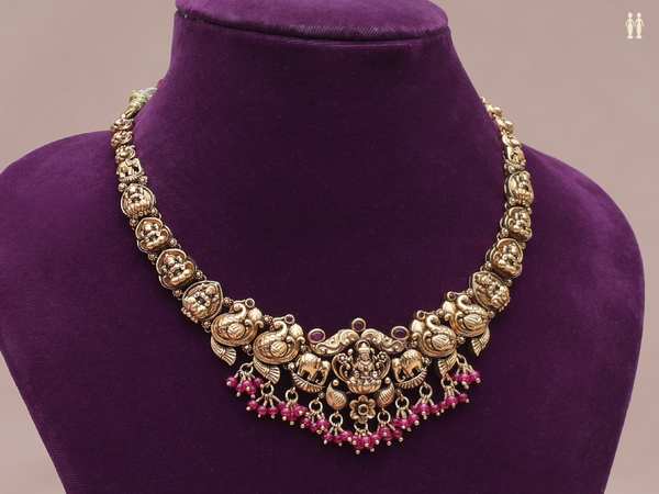 Antique Design With Beads Gold Plated Pure Silver Necklace