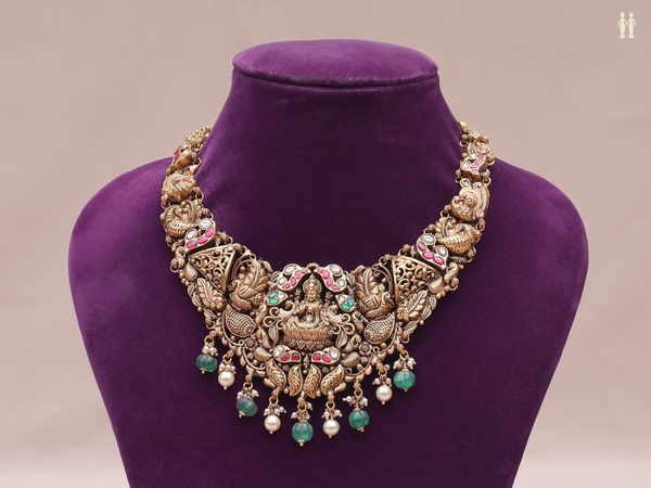 Antique Design With Beads Gold Plated Pure Silver Necklace