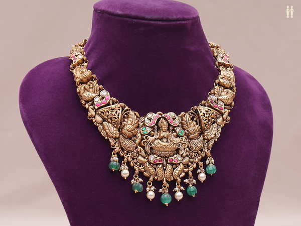 Antique Design With Beads Gold Plated Pure Silver Necklace