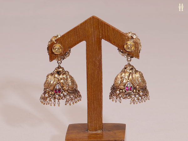 Antique Design With Beads Gold Plated Pure Silver Jhumkas