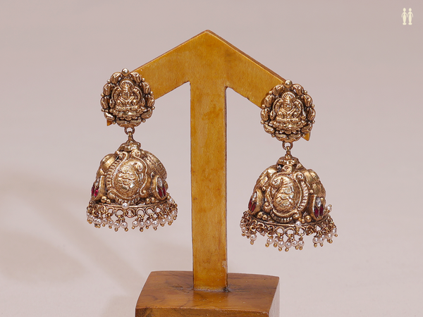 Antique Design With Beads Gold Plated Pure Silver Jhumkas