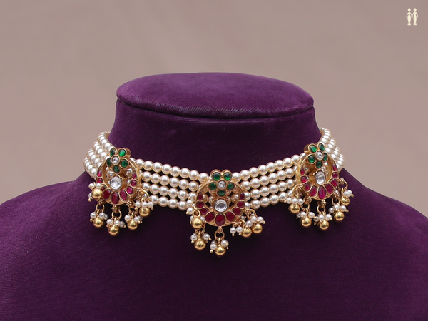 Kundan Stone With Beads Gold Plated Pure Silver Choker