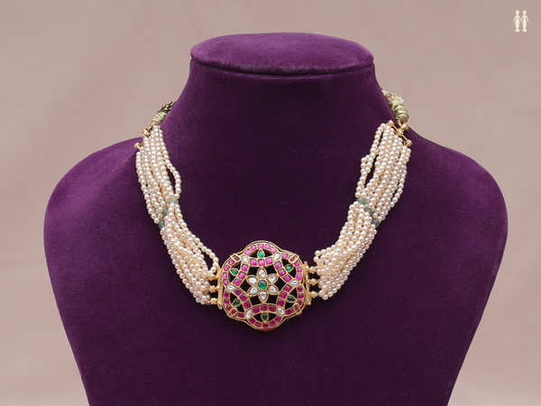 Multicolor Stone With Layered Pearls Silver Necklace