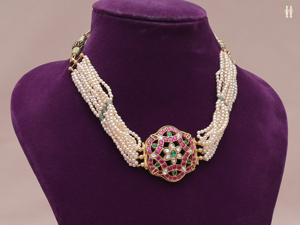 Multicolor Stone With Layered Pearls Silver Necklace