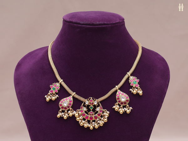 Kundan Stones With Beads Gold Plated Pure Silver Necklace