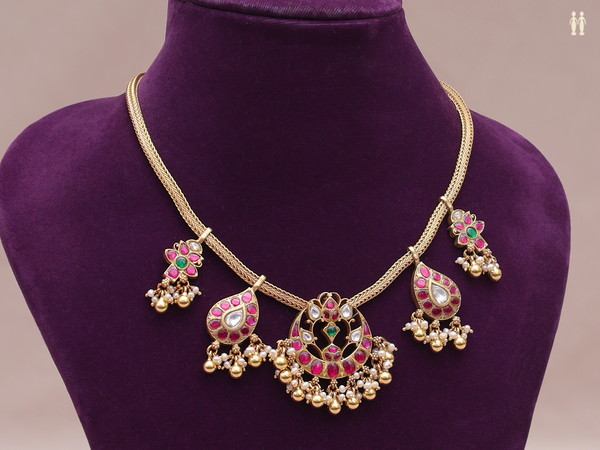 Kundan Stones With Beads Gold Plated Pure Silver Necklace