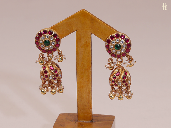 Tri Color Stone With Beads Gold Plated Pure Silver Jhumkas