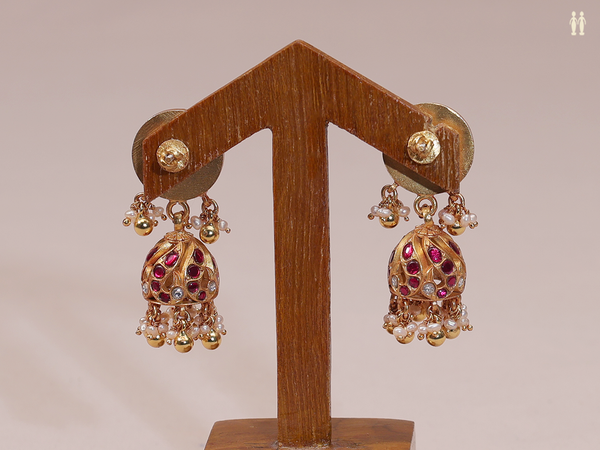 Tri Color Stone With Beads Gold Plated Pure Silver Jhumkas