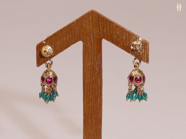 Tri Color Stone Gold Plated Pure Silver Jhumkas