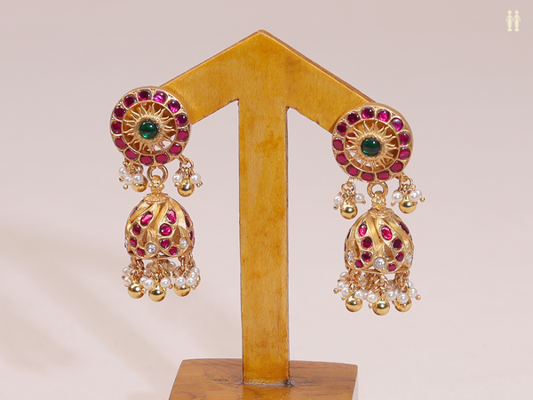 Green And Pink Stone With Beads Gold Plated Silver Jhumkas