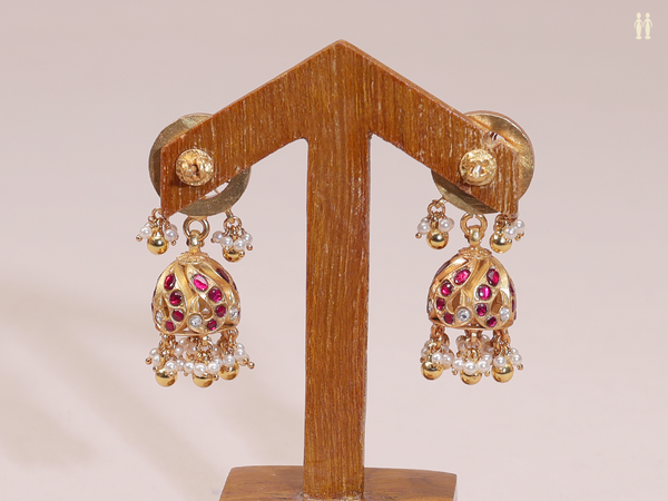 Green And Pink Stone With Beads Gold Plated Silver Jhumkas