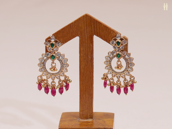 Crystal Stone With Beads Gold Plated Pure Silver Earrings