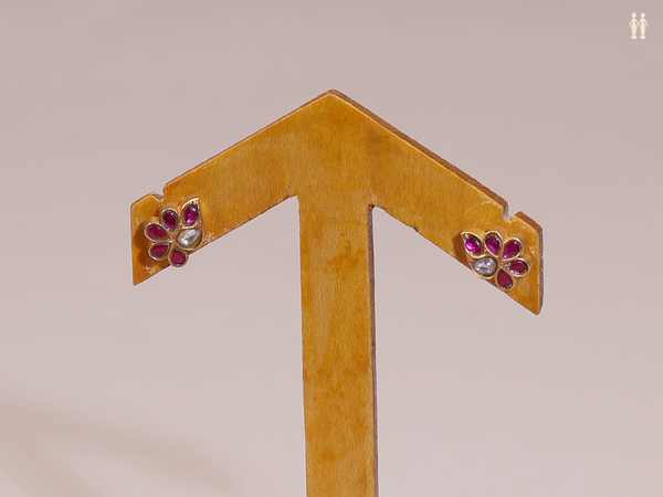 Pink And Crystal Stone Gold Plated Pure Silver Stud Earrings