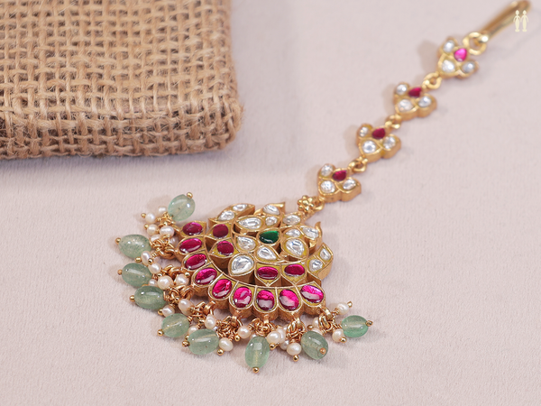 Pink And Crystal Stone Gold Plated Silver Nethi Chutti