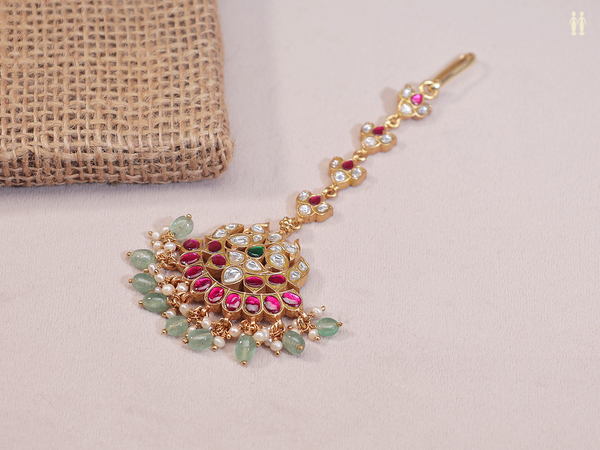 Pink And Crystal Stone Gold Plated Silver Nethi Chutti