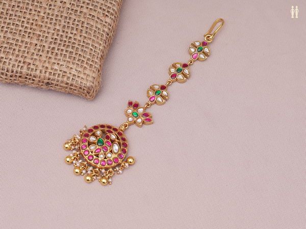 Multicolor Kemp Stone Gold Plated Pure Silver Nethi Chutti