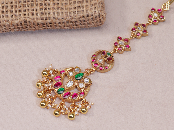 Tri Color Stone With Beads Gold Plated Silver Nethi Chutti