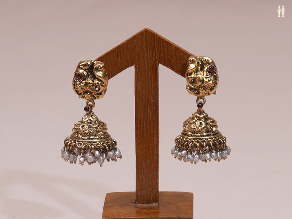 Peacock Design With Beads Gold Plated Pure Silver Jhumkas