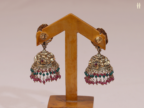 Antique Design With Beads Gold Plated Pure Silver Jhumkas