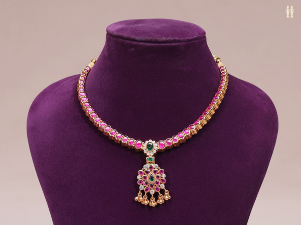 Pink And Green Stone Gold Plated Double Side Silver Necklace