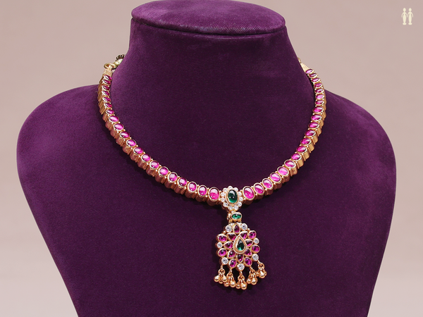 Pink And Green Stone Gold Plated Double Side Silver Necklace