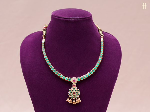 Green And Pink Stone Gold Plated Double Side Silver Necklace