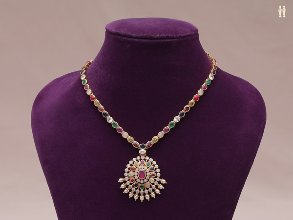 Chakram Design Multicolor Stone Gold Plated Silver Necklace