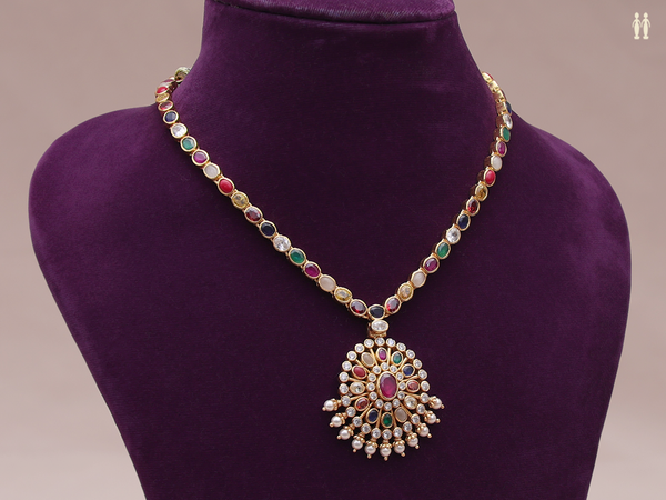 Chakram Design Multicolor Stone Gold Plated Silver Necklace