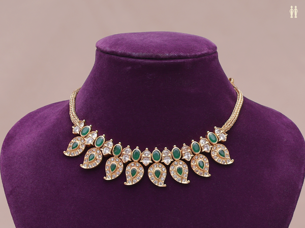 Paisley Design With Green And Crystal Stone Silver Necklace