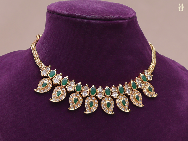 Paisley Design With Green And Crystal Stone Silver Necklace