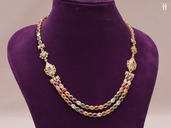 Multicolor Stone Double Layered Gold Plated Silver Necklace