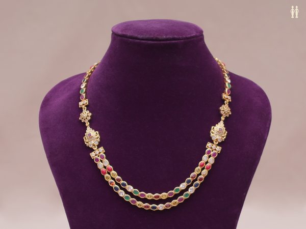 Multicolor Stone Double Layered Gold Plated Silver Necklace
