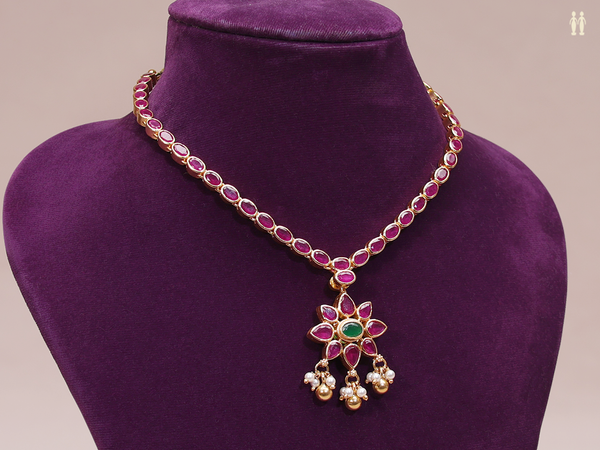 Pink And Green Stone Gold Plated Double Side Silver Necklace