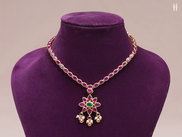 Pink And Green Stone Gold Plated Double Side Silver Necklace
