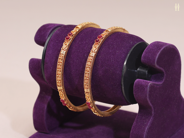 Red Stone Gold Plated Pure Silver Bangles
