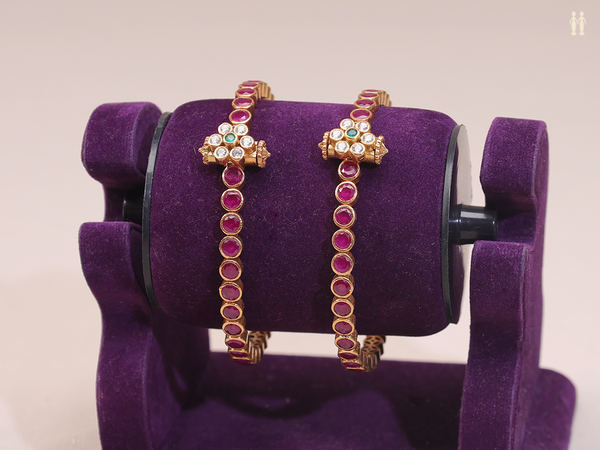 Pink Stone Gold Plated Pure Silver Screw Bangles