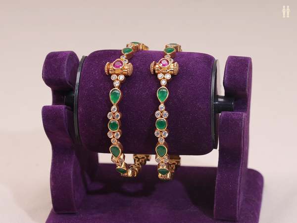 Crystal And Emerald Stone Gold Plated Pure Silver Bangles