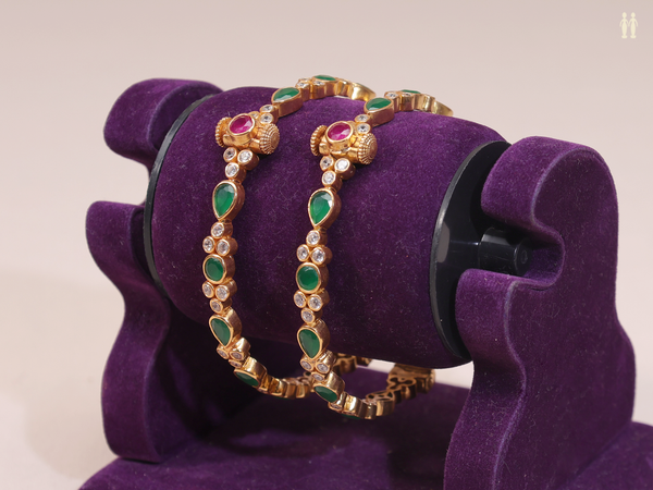 Crystal And Emerald Stone Gold Plated Pure Silver Bangles