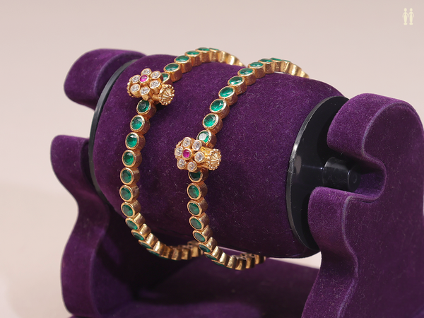 Emerald Stone Gold Plated Pure Silver Screw Bangles