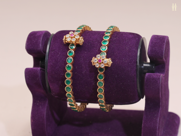 Emerald Stone Gold Plated Pure Silver Screw Bangles