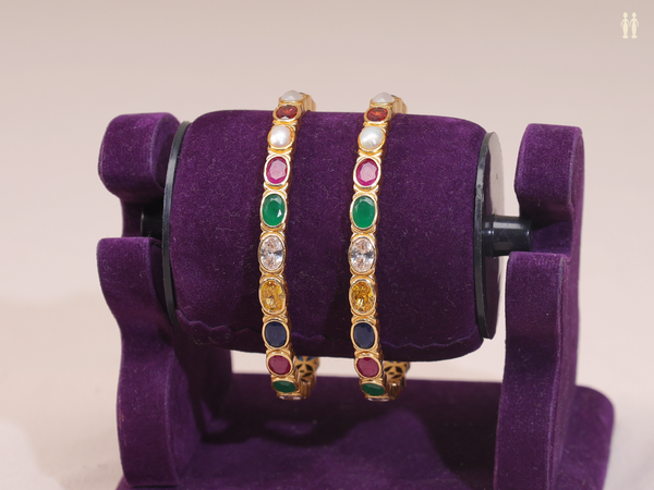 Multicolor Stone Gold Plated Pure Silver Bangles