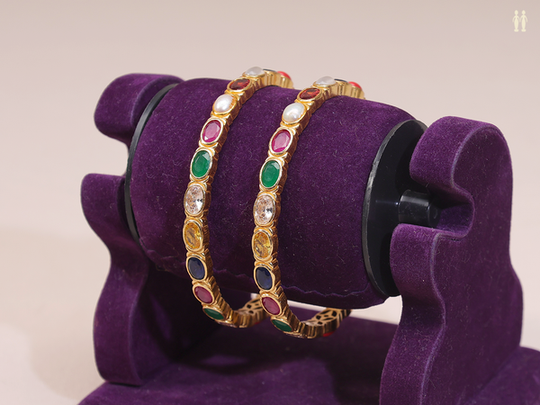 Multicolor Stone Gold Plated Pure Silver Bangles