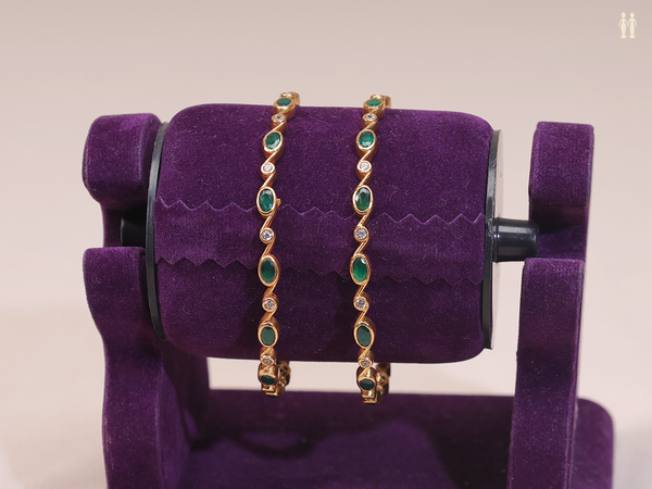 Green And Crystal Stone Gold Plated Pure Silver Bangles