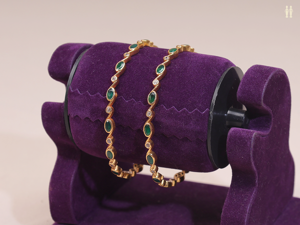 Green And Crystal Stone Gold Plated Pure Silver Bangles
