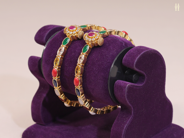 Multicolor Stone Gold Plated Pure Silver Screw Bangles