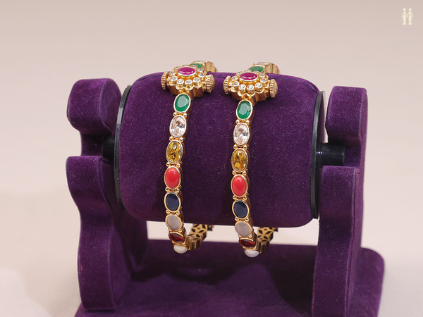 Multicolor Stone Gold Plated Pure Silver Screw Bangles