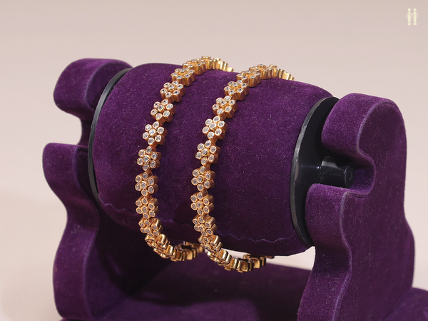 Floral Design Crystal Stone Gold Plated Pure Silver Bangles